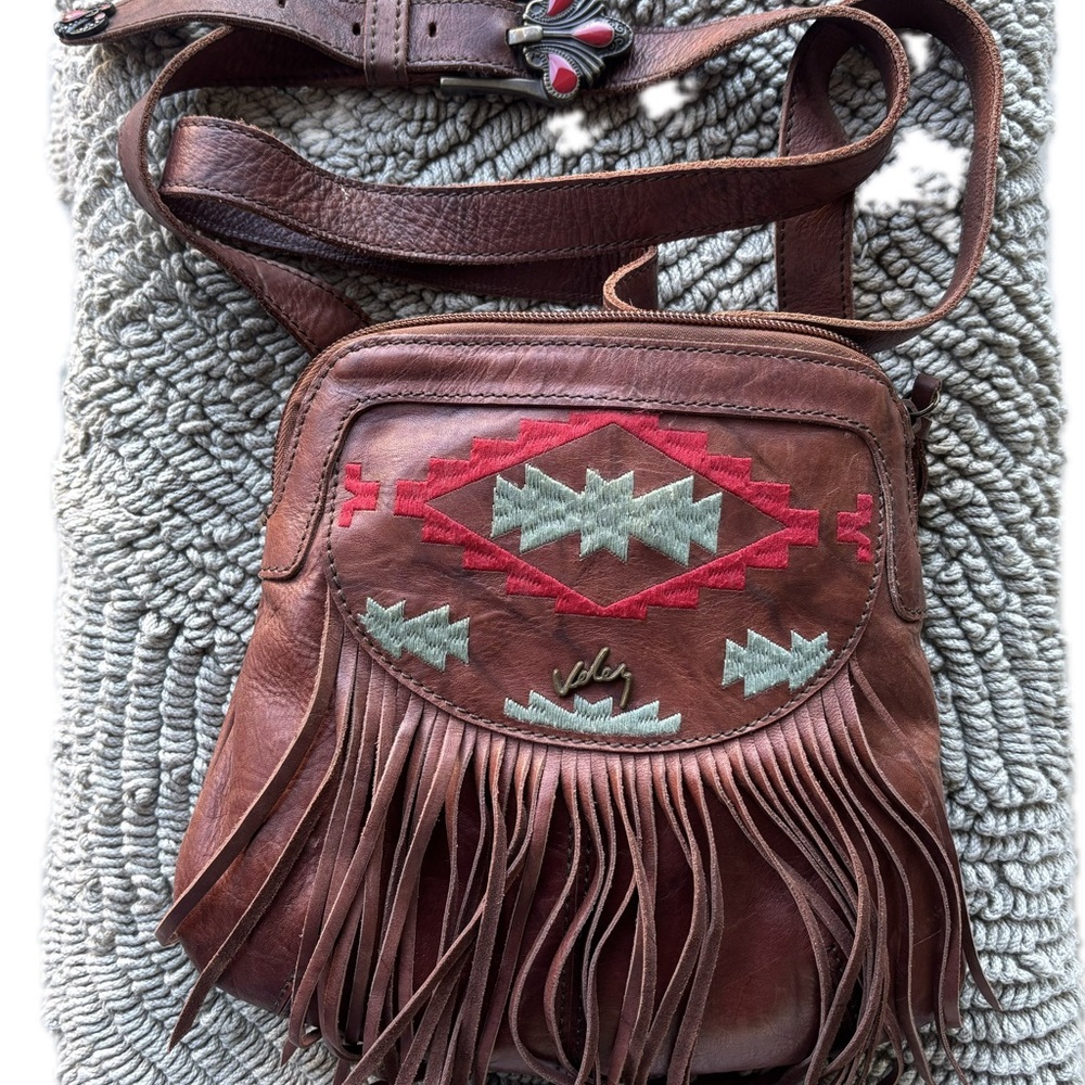 Boho Fringed Leather Crossbody Bag with Red and Aqua Accents